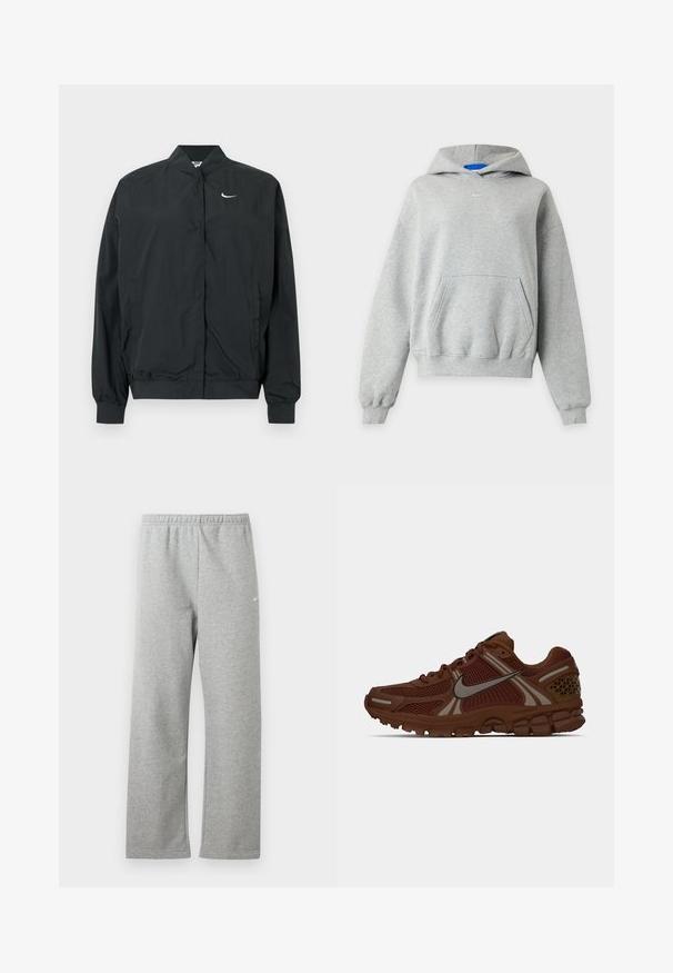 Čierna bunda Nike s ľahkou, hladkou textúrou. Má vysoký golier, zapínanie na cvočky vpredu a malý biely logo na hrudi.; Svetlosivá mikina s kapucňou a dlhým rukávom, s predným klokankovým vreckom, rebrovanými manžetami a lemom a malým bielym logom Nike umiestneným v strede blízko výstrihu.; Svetlosivé tepláky s elastickým pásom a malým bielym logom Nike na hornej časti stehna, zobrazené na bielom pozadí.; Hnedá bežecká obuv Nike s sieťovanými panelmi, gumovou podrážkou a reflexným logom swoosh na boku, zobrazená z pravého profilu.