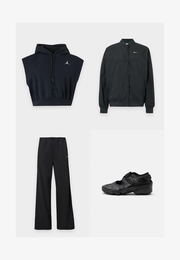 Veste Nike noire avec une texture légère et lisse. Dispose d'un col montant, d'une fermeture par boutons-pression à l'avant et d'un petit logo blanc sur la poitrine.; Sweat à capuche court noir sans manches avec cordons et petit logo blanc Jumpman sur la poitrine gauche.; Pantalon de sport noir ample avec taille élastique et petit logo Nike blanc sur la cuisse gauche, présenté sur un fond blanc.; Sandale de sport noire avec bout fermé, brides Velcro au médio-pied et au talon, et semelle épaisse et rembourrée marquée "AIR" sur le côté.