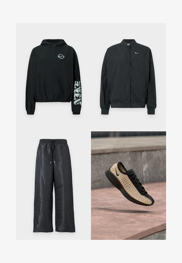 Μαύρο μπουφάν Nike με ελαφριά, απαλή υφή. Διαθέτει ψηλό γιακά, κλείσιμο με κουμπιά μπροστά και μικρό λευκό λογότυπο στο στήθος.; Μαύρο cropped φούτερ με σχέδιο συρματοπλέγματος στο στήθος και στυλιζαρισμένο κείμενο στο δεξί μανίκι, ελαστικές μανσέτες και μπροστινή τσέπη.; Μαύρο παντελόνι σε φαρδιά γραμμή, κατασκευασμένο από λαμπερό, λείο ύφασμα. Διαθέτει ελαστική μέση με κορδόνι ρύθμισης και πλαϊνές τσέπες.; Μαύρο και μπεζ αθλητικό παπούτσι Nike με διάτρητες πλευρές και μαύρη σόλα, εμφανιζόμενο στον αέρα πάνω από μια ρόζ τσιμεντένια επιφάνεια.