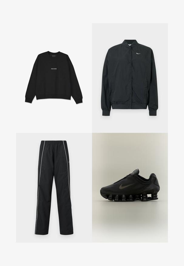 Čierna bunda Nike s ľahkou, hladkou textúrou. Má vysoký golier, zapínanie na cvočky vpredu a malý biely logo na hrudi.; Čierna mikina so širokým výstrihom a rebrovanými manžetami. Na prednej strane sa nachádza biele logo "PEGADOR". Vyrobená z mäkkej tkaniny s voľným strihom.; Čierne športové nohavice s bielymi bočnými pásmi, elastickým pásom a logom Nike na pravej stehne, zobrazené na bielom pozadí.; Čierna teniska Nike so zipsom na hornej časti a výraznou pružinovou podrážkou v oddelených segmentoch, zobrazená z profilu na neutrálnom pozadí.
