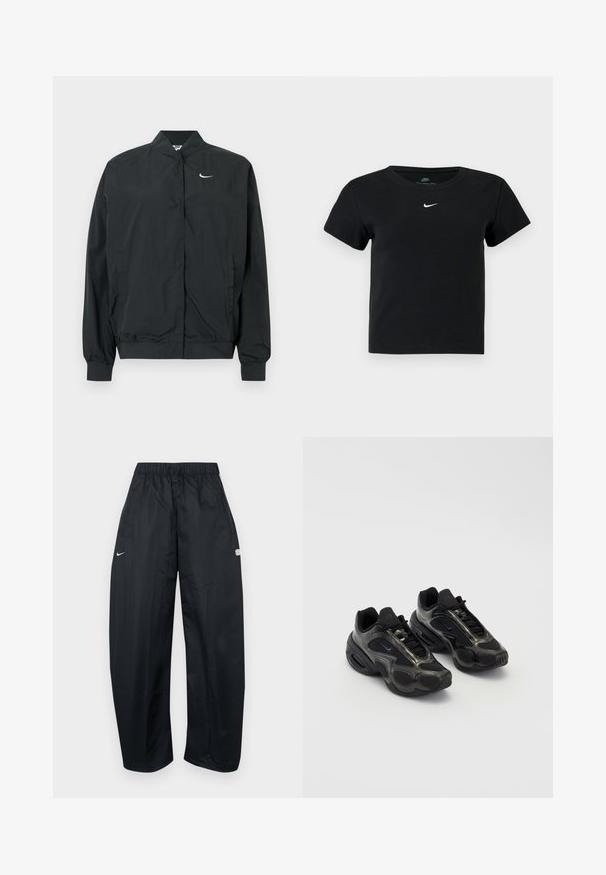 Sort Nike-jakke med en let, glat tekstur. Den har høj krave, frontlukning med trykknapper og et lille hvidt logo på brystet.; Sort ribbet t-shirt med korte ærmer, der har et lille hvidt Nike-logo på brystet og en rund halsudskæring.; Sorte, løstsiddende træningsbukser lavet af let materiale. Har elastisk talje, justerbar snor og logo-accenter.; Sorte sportssko lavet af syntetisk materiale med mesh-detaljer og afrundede såler. Har snørresystem og fremtrædende Nike-logo på tungen.