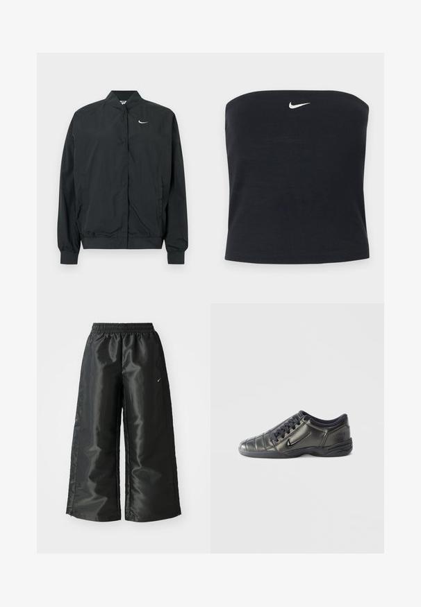 Schwarze Nike-Jacke mit leichtem, glattem Material. Sie verfügt über einen hohen Kragen, einen vorderen Druckknopfverschluss und ein kleines weißes Logo auf der Brust.; Schwarzes, trägerloses Nike Tube-Top mit weißem Swoosh-Logo, mittig nahe dem oberen Rand, einfarbiger Hintergrund.; Schwarze Sporthose aus glänzendem, glattem Stoff, mit einem elastischen Bund, weitem Bein und einem kleinen Logo auf der linken Seite.; Schwarzer niedriger Nike Sneaker mit Schnürsenkeln, genähten Details und einer strukturierten Sohle vor einem schlichten weißen Hintergrund.