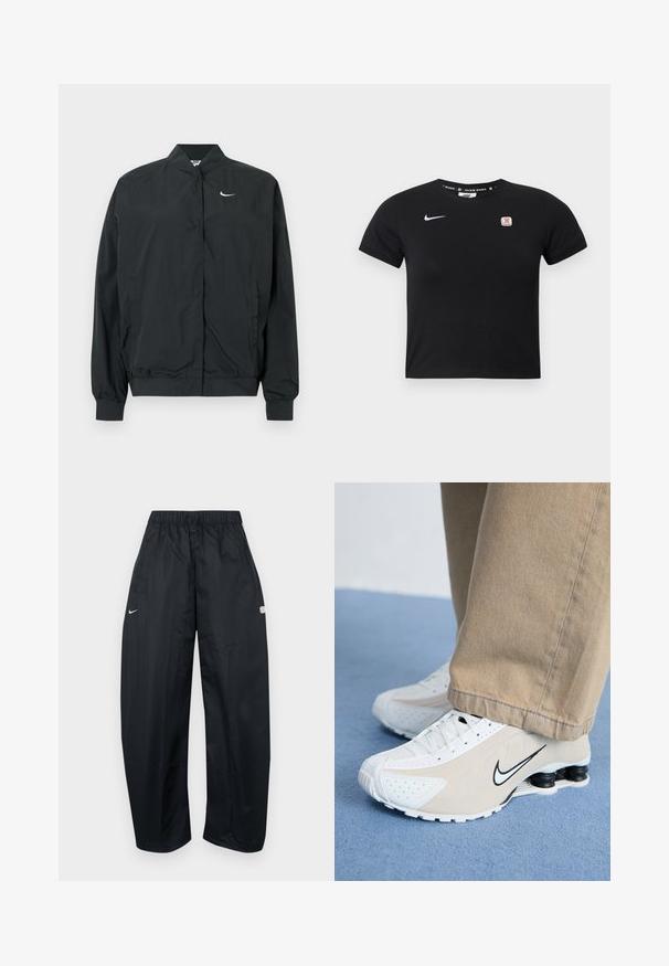 Zwarte Nike-jas met een lichtgewicht, gladde textuur. Voorzien van een hoge kraag, drukknoopsluiting aan de voorkant en een klein wit logo op de borst.; Zwart korte mouwen crop top van katoen. Bevat een wit Nike-logo en een klein rood-wit embleem op de linker borst. Gladde textuur.; Zwarte, loszittende trainingsbroek gemaakt van lichtgewicht materiaal. Voorzien van een elastische tailleband, verstelbaar trekkoord en logo-accenten.; Witte en beige Nike sneakers met geperforeerd ontwerp, zwart swoosh-logo, textuur bovenkant en een kenmerkende veerkrachtige zwarte hak.