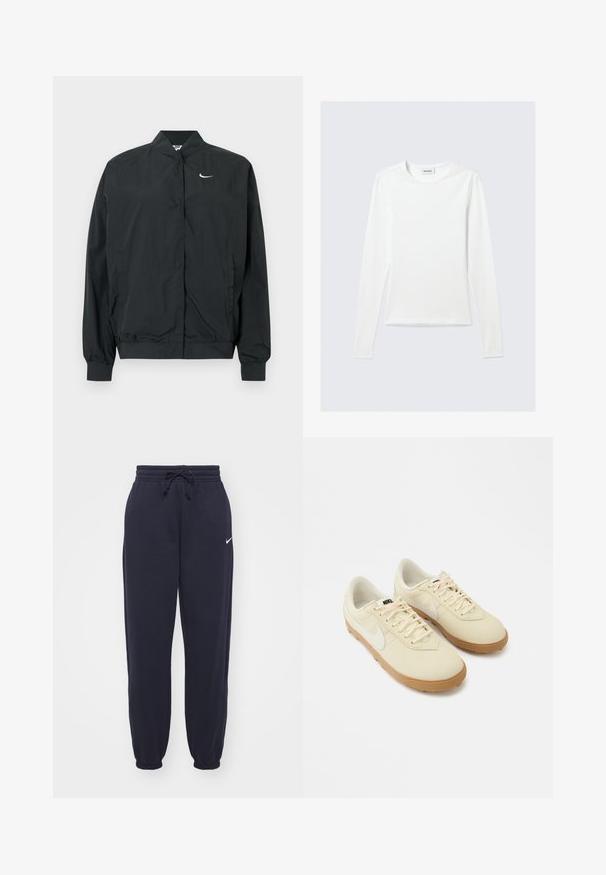Chaqueta negra de Nike con una textura ligera y suave. Cuenta con un cuello alto, cierre frontal con botones a presión y un pequeño logo blanco en el pecho.; Camiseta blanca lisa de manga larga con cuello redondo y corte ajustado, mostrada sobre un fondo gris claro.; Pantalones de chándal Nike en azul marino, hechos de un material suave. Cuenta con una cintura elástica con cordón y tobillos ajustados. Pequeño acento con el logo blanco.; Zapatillas Nike beige claro con parte superior de cuero liso, cierre de cordones y suela de goma color chicle. Presentan un logo Swoosh blanco en contraste.