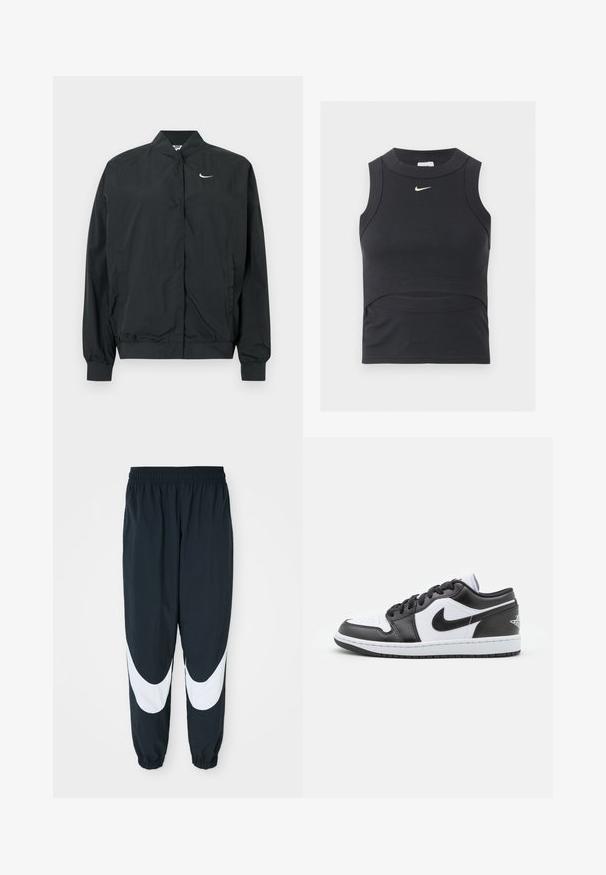 Čierna bunda Nike s ľahkou, hladkou textúrou. Má vysoký golier, zapínanie na cvočky vpredu a malý biely logo na hrudi.; Čierny krátky športový top bez rukávov s rebrovanou textúrou a bielym logom Nike swoosh na hrudi.; Čierne teplákové nohavice s bielymi zakrivenými panelmi, elastickým pásom a zhromaždenými manžetami, vyrobené z ľahkej látky a vo voľnom strihu.; Čierno-biele nízke tenisky Nike majú hladký kožený zvršok, okrúlu špičku, šnurovacie zapínanie a vzorovanú gumovú podrážku.