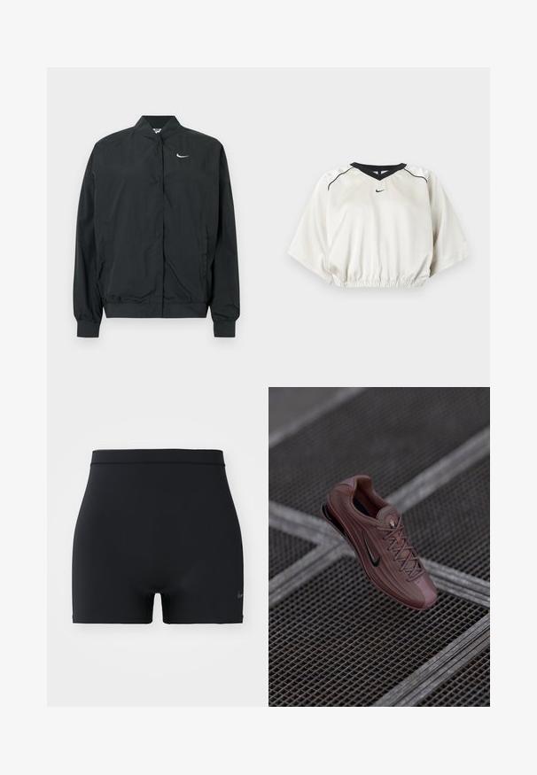 Must Nike jakk kerge, sileda tekstuuriga. Omaduseks kõrge krae, eesmine trukkidega sulgur ja väike valge logo rinnal.; Valge lühendatud sporditopp musta V-kaeluse äärega, elastse vöökohaga, lühikeste laiade varrukatega ja väikese musta Nike logoga ees keskel.; Must mustad mustreid, elastne mustad spordilühikesed, millel on keskmise kõrgusega vöökoht ja väike Nike logo vasakul küljel.; Heled roosa spordijalanõud tekstureeritud võrgu pealsega, mustade aktsentidega ja stringi disainiga. Omab vastupidavat pehmendust ja voolujoonelist kuju.