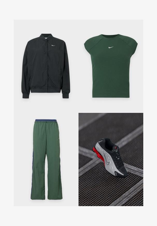 Čierna bunda Nike s ľahkou, hladkou textúrou. Má vysoký golier, zapínanie na cvočky vpredu a malý biely logo na hrudi.; Tmavozelený rebrovaný atletický top s krátkym rukávom a okrúhlym výstrihom, s malým bielym logom Nike plus na hrudi.; Zelené športové nohavice s širokými nohavicami, s tmavomodrým pásom a bočným panelom, vyrobené z ľahkej, textúrovanej látky.; Čierna a šedá atletická obuv s červenou odpruženou podrážkou, čiernymi šnúrkami a logom Swoosh odložená na kovovej mriežke.
