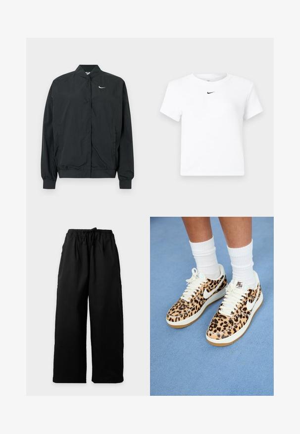 Zwarte Nike-jas met een lichtgewicht, gladde textuur. Voorzien van een hoge kraag, drukknoopsluiting aan de voorkant en een klein wit logo op de borst.; Witte Nike cropped T-shirt met korte mouwen en een kleine zwarte Nike swoosh-logo, gecentreerd onder de halslijn.; Zwarte losse broek met elastische tailleband en trekkoord, plat uitgestald op een lichte achtergrond.; Nike Air Force 1 sneakers met luipaardprint, witte veters en swoosh, met een tan rubberen buitenzool en een gestructureerde bovenkant. Witte crew-sokken zichtbaar.