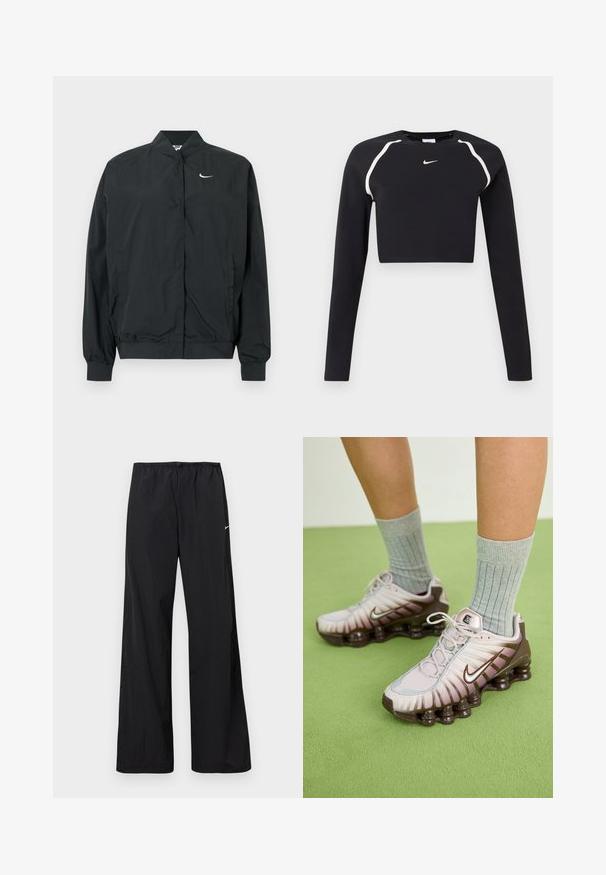 Sort Nike-jakke med en let, glat tekstur. Den har høj krave, frontlukning med trykknapper og et lille hvidt logo på brystet.; Sort langærmet cropped sports top med hvide buede skulderstriber og lille hvid Nike swoosh-logo i midten af brystet.; Sorte løstsiddende sportbukser med elastisk taljebånd og lille hvid Nike-swoosh på venstre lår, vist på en hvid baggrund.; Nike sneakers i lys pink og brun, med en tekstureret overdel, lagdelt design og en polstret sål med synlige luftenheder.