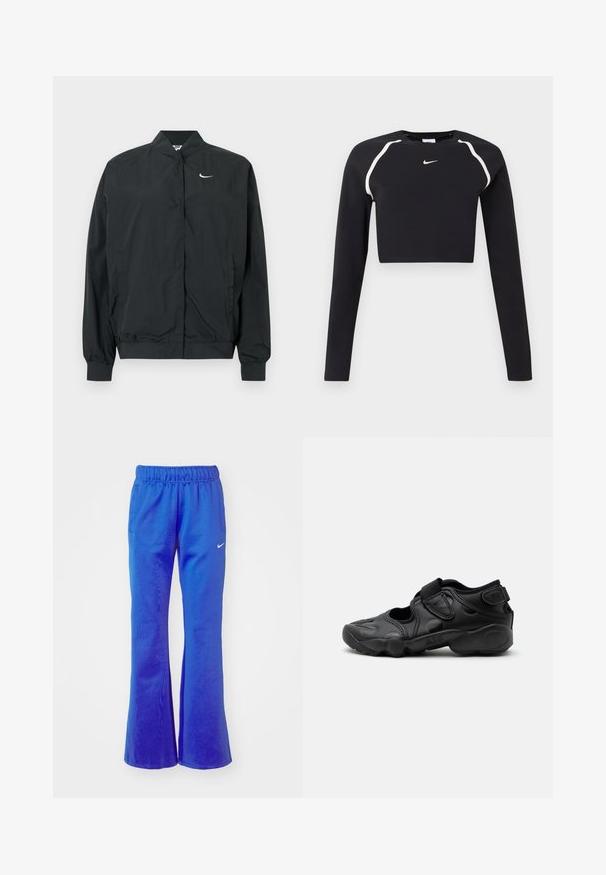 Čierna bunda Nike s ľahkou, hladkou textúrou. Má vysoký golier, zapínanie na cvočky vpredu a malý biely logo na hrudi.; Čierny dlhý rukáv crop športový top s bielymi zakrivenými pruhmi na pleciach a malým bielym logom Nike na strede hrudi.; Rozšírené športové nohavice v jasne modrej farbe, s elastickým pásom, dvoma bočnými vreckami a malým bielym logom na prednej strane.; Čierna športová sandála s uzavretou špičkou, suchými zipsami na priehlavku a päte a hrubou vystlanou podrážkou označenou "AIR" na boku.