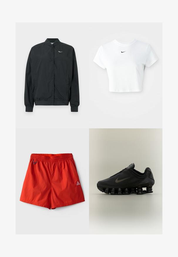 Must Nike jakk kerge, sileda tekstuuriga. Omaduseks kõrge krae, eesmine trukkidega sulgur ja väike valge logo rinnal.; Valge lühikeste varrukatega puuvillane lühike t-särk ümarate kaelustega, millel on rinna peal must Nike logo.; Erkpunased spordipüksid elastse vöökohaga, küljetaskud, vasakul väike karabiinhaak ja paremal jalal ACG logo.; Must Nike tennisejalats lukuga pealisega ja iseloomuliku kevadise jaotusega tallaga, nähtud küljelt neutraalsel taustal.