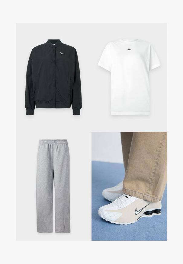 Sort Nike-jakke med en let, glat tekstur. Den har høj krave, frontlukning med trykknapper og et lille hvidt logo på brystet.; Hvid kortærmet T-shirt med rund hals, prydet med et lille sort Nike swoosh-logo centreret under halsudskæringen.; Lysegrå joggingbukser med elastisk talje og lige ben vist på ensfarvet hvid baggrund.; Hvide og beige Nike sneakers med perforeret design, sort swoosh-logo, tekstureret overdel og en karakteristisk fjederlignende sort hæl.