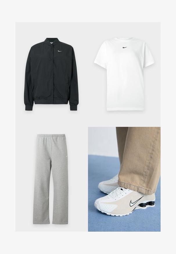 Sort Nike-jakke med en let, glat tekstur. Den har høj krave, frontlukning med trykknapper og et lille hvidt logo på brystet.; Hvid kortærmet T-shirt med rund hals, prydet med et lille sort Nike swoosh-logo centreret under halsudskæringen.; Lysegrå joggingbukser med elastisk talje og lille hvidt Nike-logo på øverste lår, vist fladt mod en hvid baggrund.; Hvide og beige Nike sneakers med perforeret design, sort swoosh-logo, tekstureret overdel og en karakteristisk fjederlignende sort hæl.