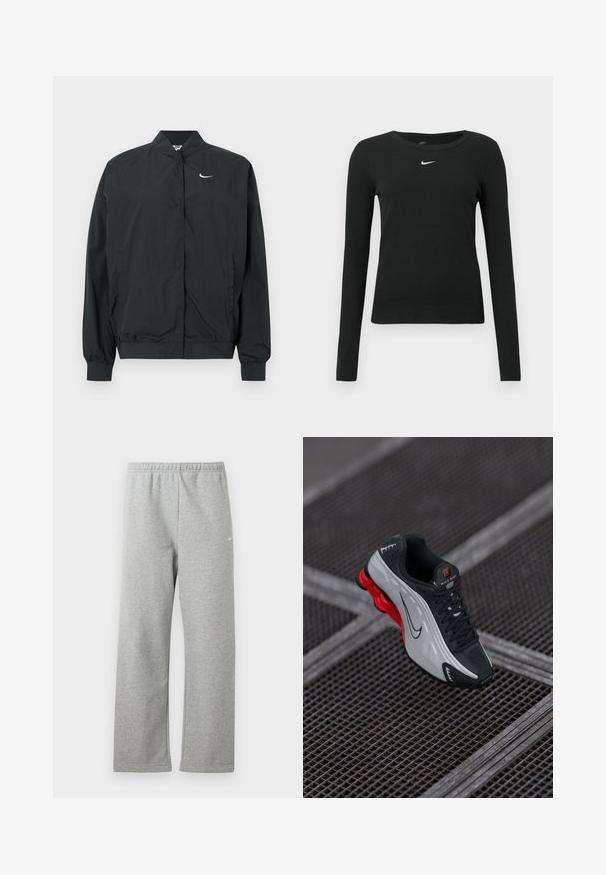 Čierna bunda Nike s ľahkou, hladkou textúrou. Má vysoký golier, zapínanie na cvočky vpredu a malý biely logo na hrudi.; Čierne priliehavé tričko s dlhým rukávom z rebrovanej látky, s okrúhlym výstrihom a jemným bielym logom Nike na hrudi.; Svetlosivé tepláky s elastickým pásom a malým bielym logom Nike na hornej časti stehna, zobrazené na bielom pozadí.; Čierna a šedá atletická obuv s červenou odpruženou podrážkou, čiernymi šnúrkami a logom Swoosh odložená na kovovej mriežke.