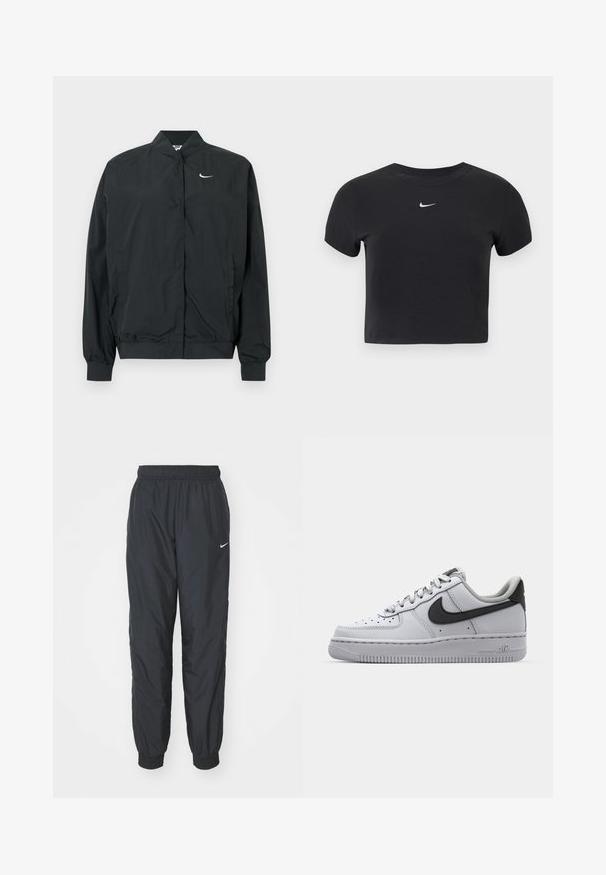Schwarze Nike-Jacke mit leichtem, glattem Material. Sie verfügt über einen hohen Kragen, einen vorderen Druckknopfverschluss und ein kleines weißes Logo auf der Brust.; Schwarzes, kurz geschnittenes T-Shirt aus Baumwolle mit rundem Ausschnitt und kurzen Ärmeln. Auffälliges weißes Nike-Logo auf der Brust.; Schwarze Nike Jogginghosen aus leichtem Material, mit elastischem Bund und Bündchen, versehen mit einem kleinen weißen Logo am linken Bein.; Weißes Leder-Sneaker mit grauen Akzenten, runde Zehenpartie, strukturierte Oberfläche, gepolsterter Kragen und kontrastierendes schwarzes Swoosh-Logo. Luftgepolsterte Sohle.