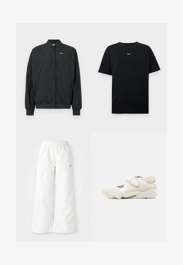 Μαύρο μπουφάν Nike με ελαφριά, απαλή υφή. Διαθέτει ψηλό γιακά, κλείσιμο με κουμπιά μπροστά και μικρό λευκό λογότυπο στο στήθος.; Μαύρο βαμβακερό t-shirt με στρογγυλή λαιμόκοψη και κοντά μανίκια. Διαθέτει μικρό λευκό λογότυπο Nike στο κέντρο του στήθους. Ομαλή υφή.; Λευκά αθλητικά παντελόνια με σχέδιο φαρδιάς γραμμής, ελαστική μέση και μικρό μαύρο λογότυπο Nike στη αριστερή πλευρά. Λείο, ελαφρύ υλικό.; Ανοιχτό μπεζ αθλητικό παπούτσι Nike με άνω μέρος από δίχτυ, λουράκια με βέλκρο, μαλακή σόλα και κομμένες πλευρές, σχεδιασμένο για άνεση και αναπνοή.