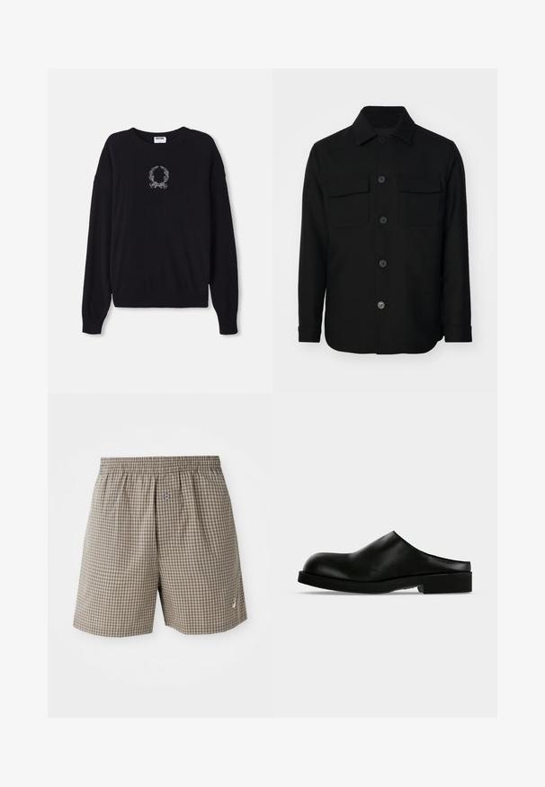 Zwarte shirtjack gemaakt van een gladde stof. Heeft een puntkraag, knopen aan de voorkant en twee borstzakken met kleppen. Lange mouwen.; Zwarte trui met ronde hals, lange mouwen en ribgebreide manchetten. Heeft een wit geborduurd krans- en strikdesign op de voorkant.; Bruine geruite shorts met een elastische tailleband, zijzakken en een klein logo-detail nabij de zoom. Lichtgewicht stof.; Zwarte leren slip-on muil met afgeronde neus en lage blokhak op een effen lichte achtergrond.