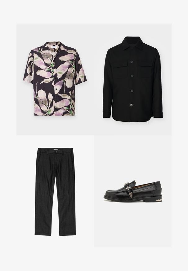 Veste noire en tissu lisse. Dotée d'un col pointu, de boutons sur le devant, et de deux poches poitrine avec rabats. Manches longues.; Chemise noire à manches courtes boutonnée avec un grand imprimé floral abstrait violet, beige et vert et un col camp.; Pantalon droit pour homme noir avec bouton à l'avant, braguette à glissière et poches latérales, présenté à plat sur fond blanc.; Mocassin en cuir noir avec des garnitures décoratives en métal argenté, un dessus de style mocassin, des coutures détaillées et un talon empilé.