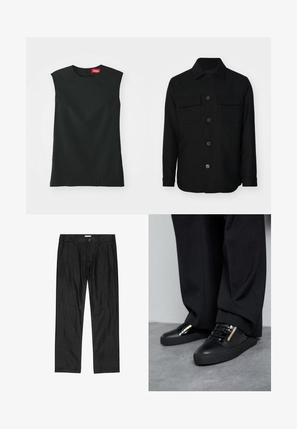 Veste noire en tissu lisse. Dotée d'un col pointu, de boutons sur le devant, et de deux poches poitrine avec rabats. Manches longues.; Un haut sans manches noir avec un col rond, en tissu lisse, et une fermeture éclair au dos. Il présente une petite étiquette rouge avec le logo "032c" au niveau du cou.; Pantalon droit pour homme noir avec bouton à l'avant, braguette à glissière et poches latérales, présenté à plat sur fond blanc.; Baskets en cuir noir avec des accents brillants, des lacets texturés et un détail de fermeture éclair ; associées à un pantalon sombre et ample sur un sol gris.