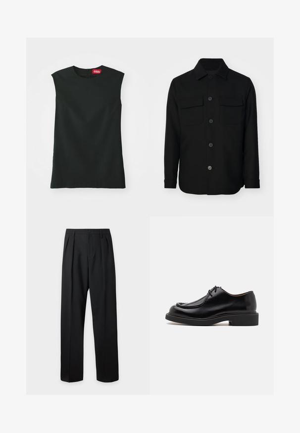 Chaqueta negra de camisa hecha de una tela suave. Presenta un collar puntiagudo, botones en la parte delantera y dos bolsillos en el pecho con solapas. Mangas largas.; Top negro sin mangas con escote redondo, fabricado en tejido suave, y con cremallera en la parte posterior. Presenta una pequeña etiqueta roja con el logo '032c' en el cuello.; Pantalones negros de talle alto y corte sastre, con presillas para cinturón, pliegues delanteros, cierre de botones y piernas anchas y rectas sobre un fondo claro.; Zapato de cuero negro con punta redondeada, detalles de costura, cordones mínimos y suela de goma gruesa para tracción y durabilidad.