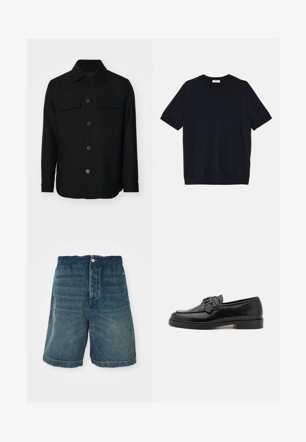 Zwarte shirtjack gemaakt van een gladde stof. Heeft een puntkraag, knopen aan de voorkant en twee borstzakken met kleppen. Lange mouwen.; sandro PABLO TEE - T-shirt basic - noir; Donkerblauwe denimshorts met een losse pasvorm, voorzien van een knoopsluiting en zichtbare stiksels langs de zoom en de zakken.; Zwarte leren instappers met een ronde neus en een decoratieve gesp. Platte, stevige hak en een gladde textuur overal.