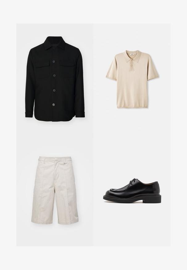 Veste noire en tissu lisse. Dotée d'un col pointu, de boutons sur le devant, et de deux poches poitrine avec rabats. Manches longues.; Polo beige avec col et patte de boutonnage à trois boutons. Manches courtes, texture douce et ourlet droit. Design minimaliste.; Shorts en coton beige avec une coupe droite, longueur genoux, dotés de deux poches frontales et de plis subtils pour une texture supplémentaire.; Chaussure en cuir noir avec un bout arrondi, des détails cousus, des lacets minimalistes et une semelle en caoutchouc épaisse pour une meilleure traction et durabilité.