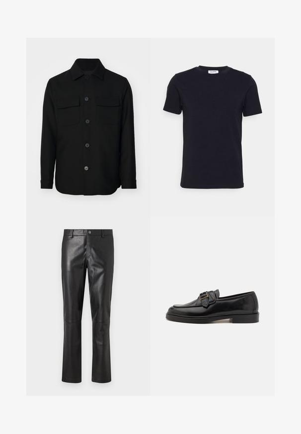 Veste noire en tissu lisse. Dotée d'un col pointu, de boutons sur le devant, et de deux poches poitrine avec rabats. Manches longues.; T-shirt noir à manches courtes avec un col ras-du-cou, muni d'une petite étiquette blanche à l'intérieur du col.; Pantalon en cuir noir avec une texture lisse, design à jambes droites et couture subtile le long des coutures. Présente une fermeture à bouton à la taille.; Mocassins en cuir noir avec un bout arrondi et une boucle décorative. Talon plat, solide et texture lisse sur l'ensemble.