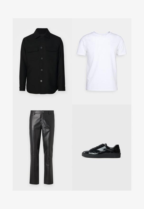 Veste noire en tissu lisse. Dotée d'un col pointu, de boutons sur le devant, et de deux poches poitrine avec rabats. Manches longues.; T-shirt blanc à manches courtes en tissu de coton avec un col rond. Design simple sans motifs ni accents. Texture lisse.; Pantalon en cuir noir avec une texture lisse, design à jambes droites et couture subtile le long des coutures. Présente une fermeture à bouton à la taille.; Baskets en cuir verni noir avec un bout arrondi, un laçage, une semelle en caoutchouc texturé et une finition lisse.