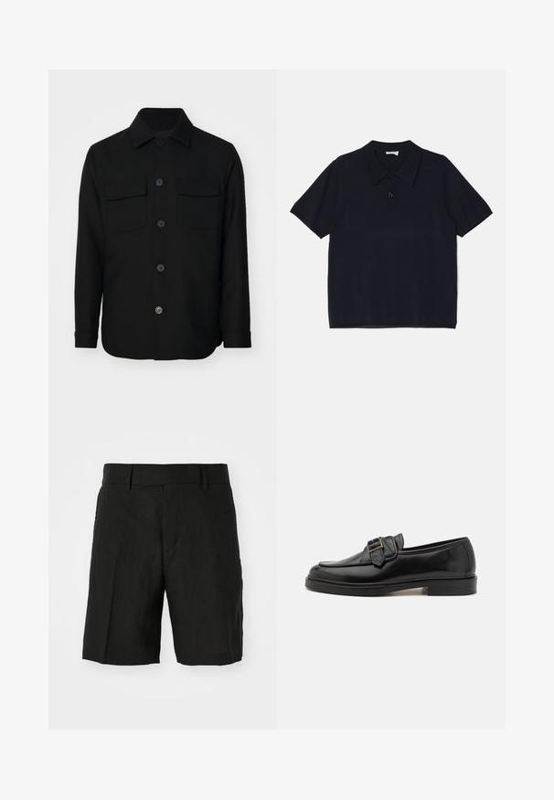 Sort skjortejakke lavet af et glat stof. Har en spids krave, frontknapper og to brystlommer med klapper. Lange ærmer.; Sort kortærmet polo t-shirt lavet af blødt, letvægtsstof. Har en klassisk krave og en frontknaplukning.; Sorte linnedshorts med en afslappet pasform, der har en flad front, lommer på siden og en mellemlang længde. Letvægtsstruktur synlig.; Sorte læder loafers med rund tå og en dekorativ spændeaccent. Flad, solid hæl og glat tekstur hele vejen igennem.