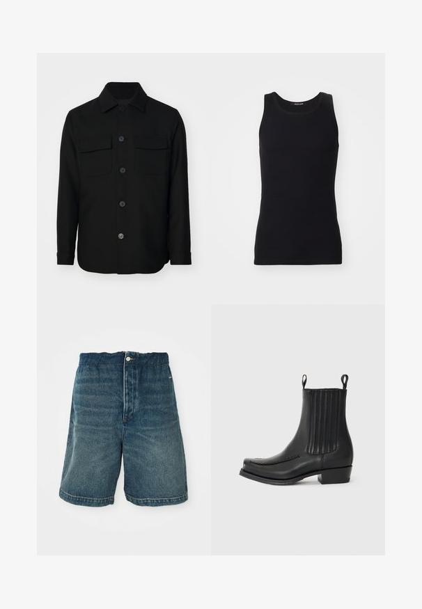 Chaqueta negra de camisa hecha de una tela suave. Presenta un collar puntiagudo, botones en la parte delantera y dos bolsillos en el pecho con solapas. Mangas largas.; Top de tirantes negro hecho de un material suave y elástico. Presenta un escote redondo y sin mangas, con un corte ajustado y un diseño sencillo.; Pantalones cortos de mezclilla en azul oscuro con un ajuste holgado, que cuentan con un cierre de botón y costuras visibles a lo largo del dobladillo y los bolsillos.; Botín negro de cuero hasta el tobillo con un acabado liso, detalles de paneles laterales elásticos, costuras sutiles en la puntera y un tacón cuadrado.