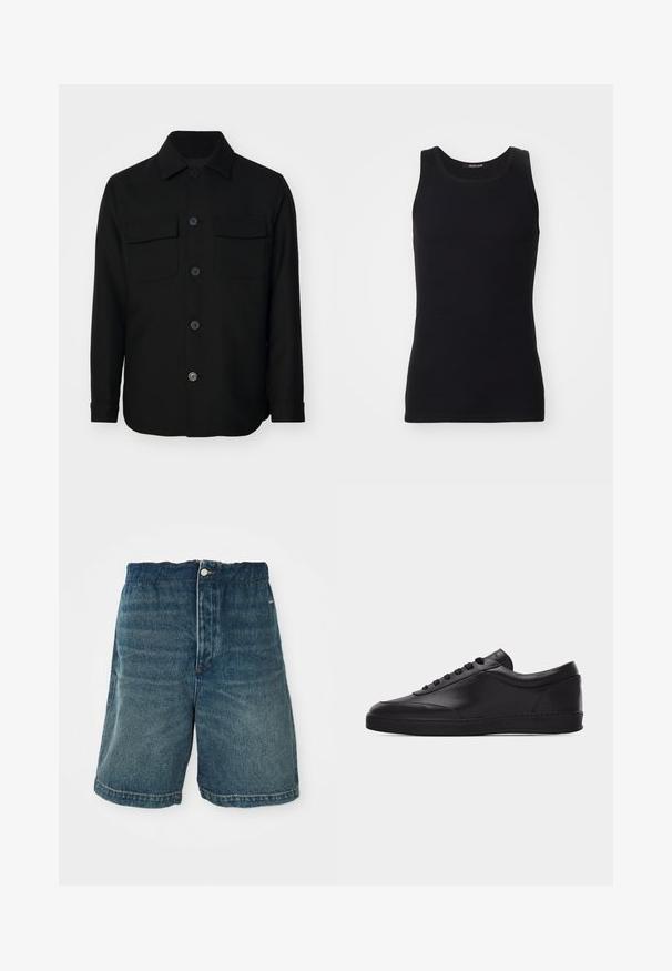 Veste noire en tissu lisse. Dotée d'un col pointu, de boutons sur le devant, et de deux poches poitrine avec rabats. Manches longues.; Débardeur noir en matériau lisse et extensible. Doté d'un col rond et sans manches, avec une coupe ajustée et un design simple.; Shorts en denim bleu foncé avec une coupe ample, dotés d'une fermeture à bouton et de coutures visibles le long de l'ourlet et des poches.; Baskets basses en cuir noir avec lacets sur le devant et semelle en caoutchouc plate, vues de côté sur un fond blanc uni.