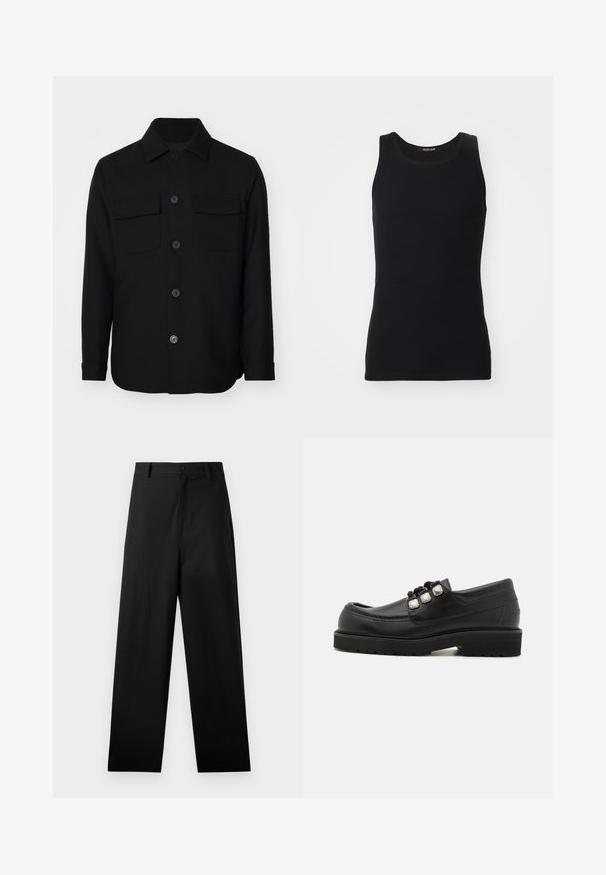 Schwarze Jacke aus glattem Stoff. Mit spitzem Kragen, Frontknöpfen und zwei Brusttaschen mit Klappen. Lange Ärmel.; Schwarzes Tanktop aus einem glatten, dehnbaren Material. Verfügt über einen runden Halsausschnitt und keine Ärmel, mit einer engen Passform und einfachem Design.; Schwarze Baumwollhosen mit geradem Bein, ausgestattet mit einem vorderen Knopfverschluss und Seiten Taschen. Glatte Textur, keine Muster.; Schwarze Lederloafers mit rundem Zehenbereich, ausgestattet mit drei metallischen Akzenten und einer strukturierten Sohle für besseren Halt. Glattes Obermaterial und gestickte Details.