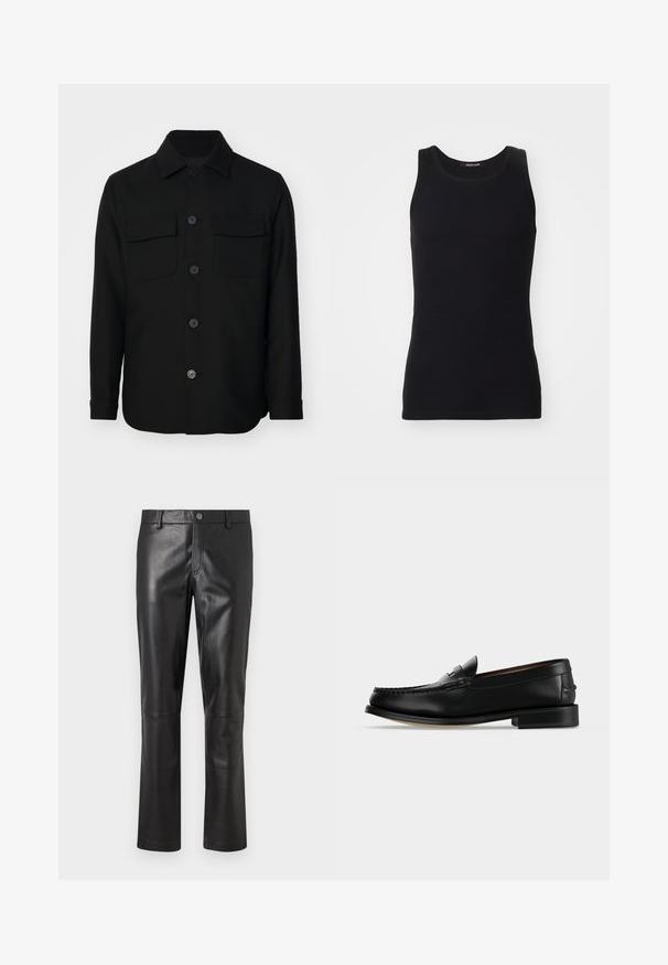 Veste noire en tissu lisse. Dotée d'un col pointu, de boutons sur le devant, et de deux poches poitrine avec rabats. Manches longues.; Débardeur noir en matériau lisse et extensible. Doté d'un col rond et sans manches, avec une coupe ajustée et un design simple.; Pantalon en cuir noir avec une texture lisse, design à jambes droites et couture subtile le long des coutures. Présente une fermeture à bouton à la taille.; Mocassin homme en cuir noir avec un petit talon et une couture de style mocassin sur l'avant, vu de côté sur un fond uni.