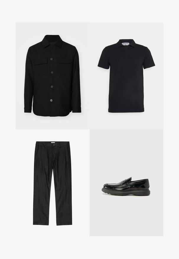 Chaqueta negra de camisa hecha de una tela suave. Presenta un collar puntiagudo, botones en la parte delantera y dos bolsillos en el pecho con solapas. Mangas largas.; Camisa polo negra de manga corta con un cuello clásico, fabricada en un tejido suave. Presenta una etiqueta con el nombre de la marca 'Filippa K' en el escote.; Pantalones negros de corte recto para hombre con botón frontal, bragueta con cremallera y bolsillos laterales, mostrados planos sobre fondo blanco.; Mocasín de cuero negro con un acabado brillante, punta redondeada, detalles de costura sutiles y una suela de goma gruesa para mayor durabilidad.
