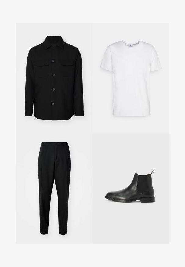 Veste noire en tissu lisse. Dotée d'un col pointu, de boutons sur le devant, et de deux poches poitrine avec rabats. Manches longues.; T-shirt blanc à manches courtes en coton. Il présente un col rond et une coupe décontractée sans motifs ni accents visibles.; Pantalons noirs fuselés en tissu lisse, avec taille élastique et poignets. Présente des plis à l'avant pour un aspect ajusté.; Bottine Chelsea en cuir noir avec une forme épurée, des panneaux latéraux en élasthanne, une languette à l'arrière et une semelle plate. Texture lisse.