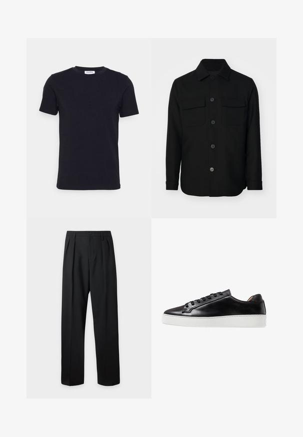 Sort skjortejakke lavet af et glat stof. Har en spids krave, frontknapper og to brystlommer med klapper. Lange ærmer.; Sort kortærmet t-shirt med rund hals og et lille hvidt mærke indeni halsudskæringen.; Sorte skræddersyede bukser med høj talje, bæltestropper, frontfolder, knaplukning og lige vide ben på en lys baggrund.; Sorte lædersneakers med en glat finish, der har en hvid gummisål, snøreføring og minimalistiske designaccenter.