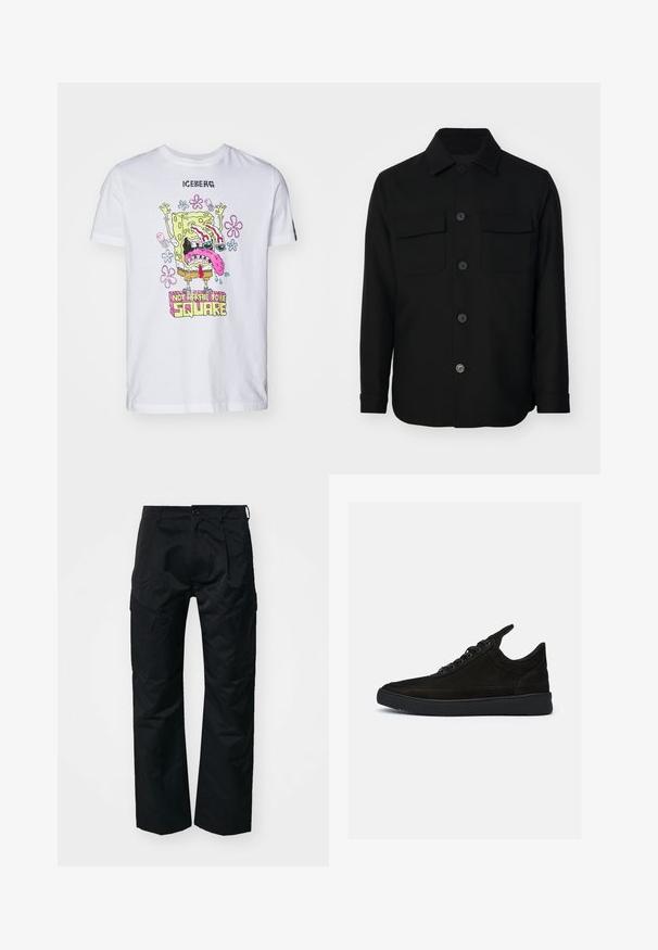 Veste noire en tissu lisse. Dotée d'un col pointu, de boutons sur le devant, et de deux poches poitrine avec rabats. Manches longues.; T-shirt en coton blanc avec un graphique coloré de SpongeBob et le texte "PAS PEUR D'ÊTRE CARRE", des accents floraux et des manches courtes.; Pantalons cargo noirs avec une texture lisse, dotés de poches latérales, d'une fermeture à bouton et d'une coupe décontractée.; Baskets en daim noir à profil bas, avec un bout rond et une semelle en caoutchouc texturé. Comprend cinq œillets et une languette à l'arrière.