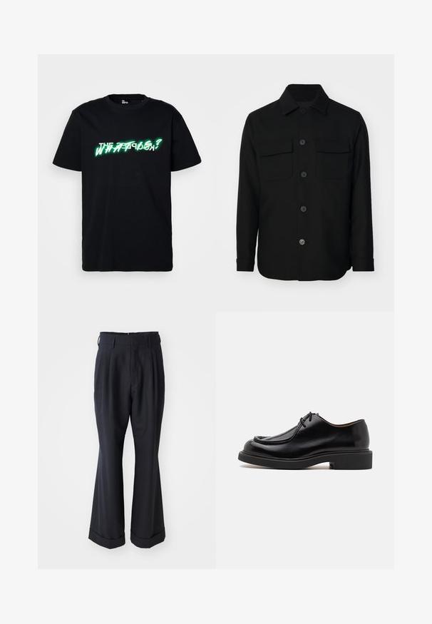 Zwarte shirtjack gemaakt van een gladde stof. Heeft een puntkraag, knopen aan de voorkant en twee borstzakken met kleppen. Lange mouwen.; Zwarte katoenen t-shirt met opvallende groene en witte grafische tekst "WHAT IS?" aan de voorkant. Ronde hals en korte mouwen.; Zwarte op maat gemaakte broek met een ontspannen pasvorm, geplooide voorkant en brede pijpen. Voorzien van een omgeslagen zoom en een soepele stoftextuur.; Zwarte leren schoen met een ronde neus, gestikte details, minimale veters en een dikke rubberen zool voor grip en duurzaamheid.