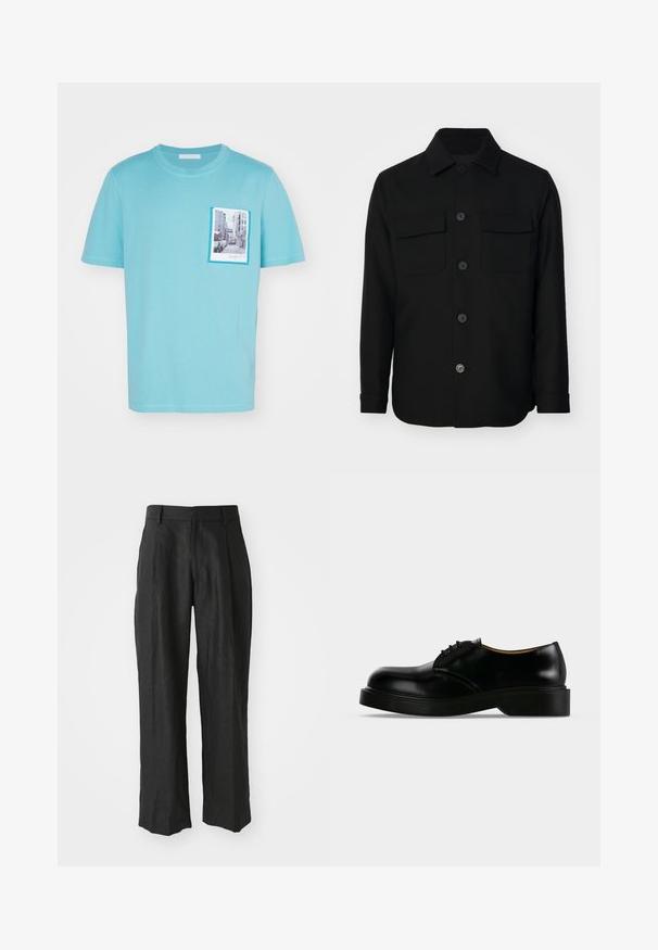 Veste noire en tissu lisse. Dotée d'un col pointu, de boutons sur le devant, et de deux poches poitrine avec rabats. Manches longues.; T-shirt en coton bleu clair avec un imprimé de scène de rue sur la poche avant, bordé d'un cadre bleu contrasté, manches courtes.; Pantalons en lin noir avec une coupe droite, ornés de plis distinctifs à l'avant et d'une finition lisse et texturée.; Chaussure de ville noire en cuir poli à lacets, avec une semelle épaisse, un bout arrondi et un petit talon, montrée de profil sur un fond uni.