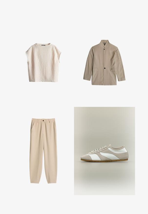 Beige Jacke mit hohem Kragen, frontaler Knopfleiste und zwei Seitentaschen. Hergestellt aus einem glatten Stoff mit klaren Linien und minimalem Hardware-Einsatz.; Kurzärmeliges, cremefarbenes Oberteil mit strukturiertem Wellenmuster; entspannter Schnitt und runder Ausschnitt; aus leichtem Stoff gefertigt.; Beige Freizeithose mit elastischem Bund, Knopfverschluss, Seitentaschen und zulaufenden Beinen.; Low-Profile-Sneaker mit beigefarbenem Wildleder-Overlay, weißen Lederpaneelen, beigen Schnürsenkeln und Gummisohle, seitlich auf neutralem Hintergrund gezeigt.