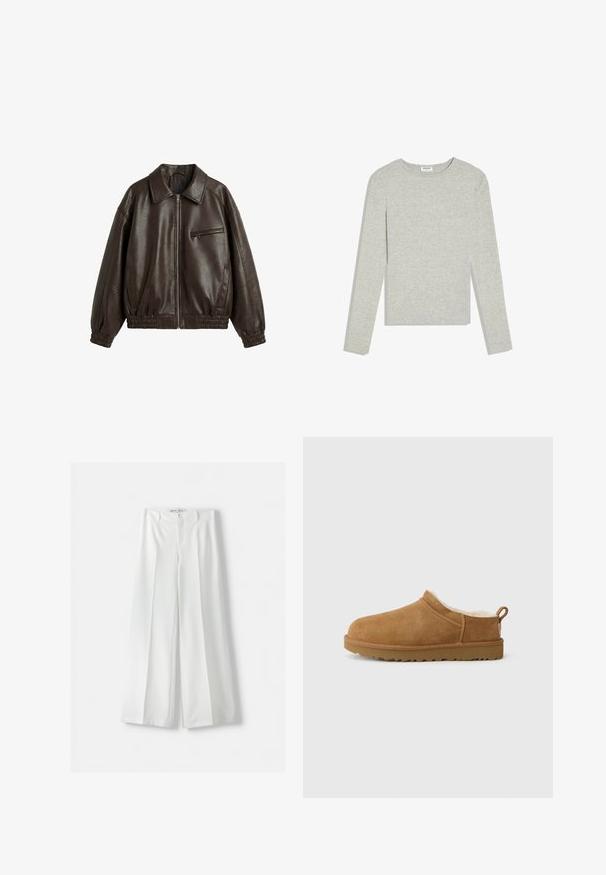 Veste en cuir marron foncé avec fermeture éclair devant, col pointu, poche poitrine zippée, poignets élastiques et taille élastique sur fond blanc.; Chemise gris clair à manches longues avec col rond, coupe ajustée et sans motifs ou logos visibles, posée à plat sur un fond blanc.; Pantalons amples blancs avec une taille haute, un pli central et une fermeture à bouton classique. Fabriqués dans un tissu lisse avec un design ajusté.; Chaussure mocassin en suède marron avec une douillette doublure en fourrure blanche, semelle plate en caoutchouc, bout arrondi et petite languette au talon.