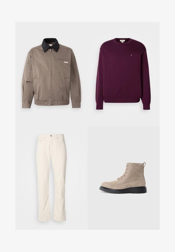 Graue Jacke mit schwarzem Kragen, Reißverschluss vorne und Brusttasche. Merkmale sind elastische Bündchen und Gummizug am Saum, aus strapazierfähigem Material.; Lila Strickpullover mit langen Ärmeln, rundem Ausschnitt, geripptem Saum und Bündchen, mit kleinem CK-Logo auf der Brust. Glatte Textur.; Beige Baumwolljeans mit klassischem geradem Bein, ausgestattet mit einem Frontknopfverschluss, fünf Taschen und dezenten Nähdetails.; Beige Wildleder-Ankle Boots mit schwarzer Gummisohle, Schnürdesign und kleinem, seitlich eingeprägtem Logo, ausgestattet mit einer Zuglasche am Hinterkopf.