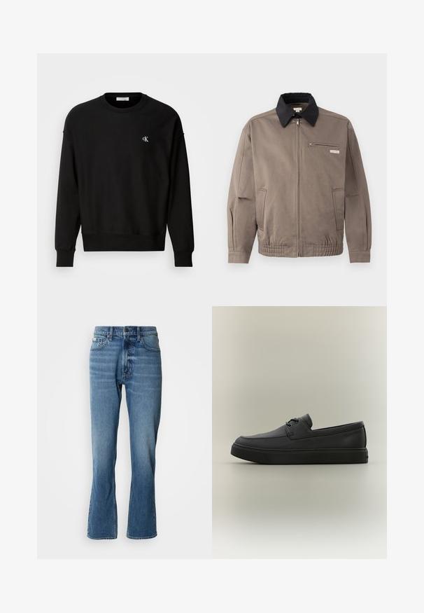 Graue Jacke mit schwarzem Kragen, Reißverschluss vorne und Brusttasche. Merkmale sind elastische Bündchen und Gummizug am Saum, aus strapazierfähigem Material.; Schwarzer Pullover aus Baumwollmischung, mit Rundhalsausschnitt, überschnittenen Schultern und kleinem weißen 'CK'-Logo auf der Brust.; Hellblaue Denim-Jeans mit geradem Schnitt und leicht ausgestelltem Bein. Verfügt über fünf Taschen, einen Knopfverschluss und dezente Waschungseffekte.; Schwarzer lässiger Lederloafer mit Schnürdetails und dicker Gummisohle, seitlich auf neutralem Hintergrund dargestellt.