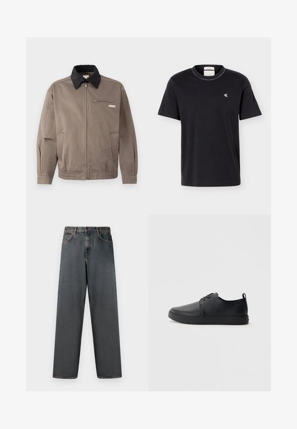 Veste grise avec un col noir, fermeture éclair sur le devant et une poche poitrine. Dispose de poignets et d'une taille élastiques, fabriquée en tissu durable.; T-shirt noir à manches courtes et col rond avec petit logo blanc "cK" sur le côté gauche de la poitrine, coupe classique, design simple.; Jean en denim gris foncé avec une coupe droite, cinq poches et une fermeture à bouton et zip. Le tissu présente un léger dégradé et des coutures.; Baskets en cuir noir avec une finition lisse, bout arrondi, coutures ton sur ton, devant à lacets et semelle plate en caoutchouc. Anse au talon.