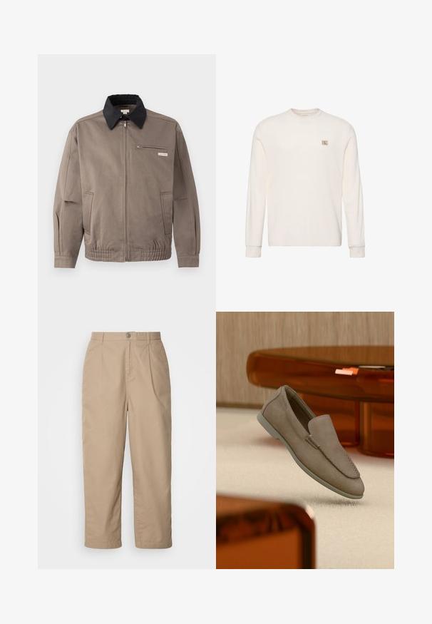 Graue Jacke mit schwarzem Kragen, Reißverschluss vorne und Brusttasche. Merkmale sind elastische Bündchen und Gummizug am Saum, aus strapazierfähigem Material.; Weißer Strickpullover mit langen Ärmeln, rundem Ausschnitt und kleinem beigen Calvin Klein Logo-Patch auf der linken Brust.; Beige, leichte Baumwollhosen mit gefaltetem Vorderteil, Knopfverschluss und geradem Bein, die eine glatte Textur und keine sichtbaren Muster aufweisen.; Beiger Wildleder-Slipper mit sichtbarer Naht und heller Sohle, auf einem cremefarbenen Teppich platziert, mit orange-transparenten Möbeln im Hintergrund.