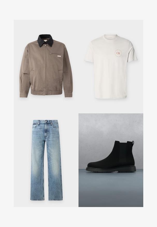 Grå jakke med sort krave, front lynlås og brystlomme. Har elastiske manchetter og linning, lavet af slidstærkt stof.; Hvid T-shirt med korte ærmer og rund halsudskæring med lille rød cirkulær "CK Calvin Klein"-logo på venstre bryst.; Lyseblå denim jeans med lige ben, højt talje, fem lommer, knaplukning og diskrete falmede områder på lår og knæ.; Sort ankelstøvle lavet af glat materiale med diskrete syninger, en gummisål og et strømlinet design, placeret over en overflade med træstruktur.