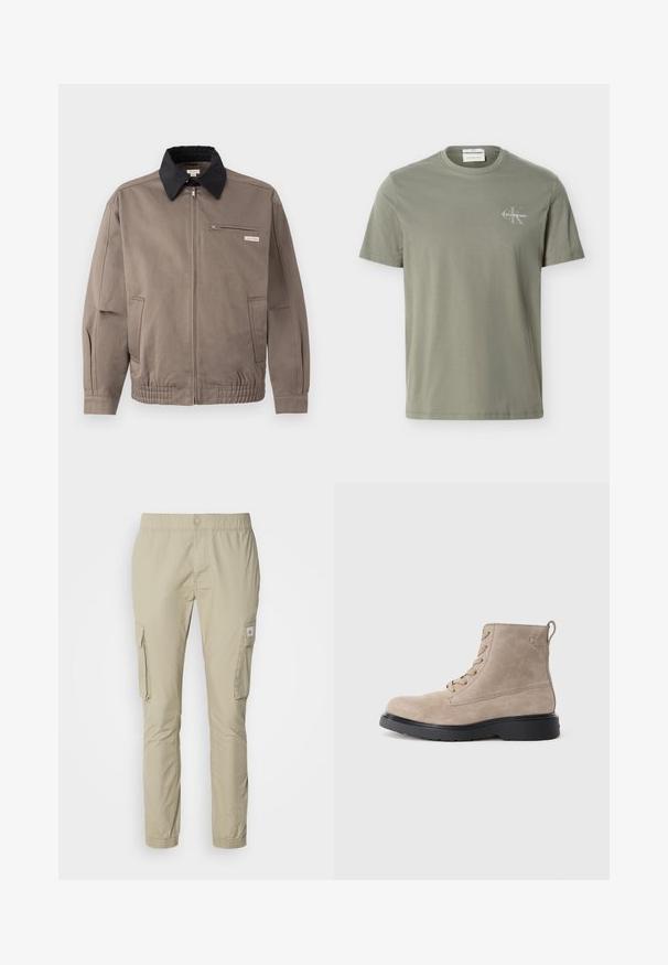 Veste grise avec un col noir, fermeture éclair sur le devant et une poche poitrine. Dispose de poignets et d'une taille élastiques, fabriquée en tissu durable.; T-shirt vert olive clair à manches courtes avec col rond et petit logo blanc Calvin Klein sur le côté gauche de la poitrine.; Pantalons cargo beige avec une taille élastique, deux poches cargo latérales et une texture lisse. Elle comporte un petit logo cousu sur la poche.; Bottines en daim beige avec semelle en caoutchouc noir, design à lacets, et un petit logo embossé sur le côté, avec une languette à l'arrière.