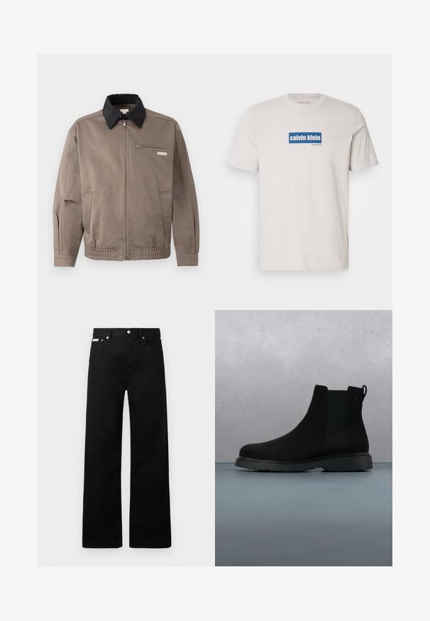Graue Jacke mit schwarzem Kragen, Reißverschluss vorne und Brusttasche. Merkmale sind elastische Bündchen und Gummizug am Saum, aus strapazierfähigem Material.; Weißes Baumwoll-T-Shirt mit einem blauen rechteckigen Logo, auf dem "calvin klein" und "new york city" in weißem Text auf der Vorderseite steht. Klassische Passform.; Schwarze Denim-Hose im weiten Bein-Design mit fünf Taschen und metallenen Knopfdetails. Glatte Textur, ohne sichtbare Muster.; Schwarze Knöchelstiefel aus glattem Material mit subtilen Nähten, einer Gummisohle und einem eleganten Design, platziert auf einer Oberfläche mit Holzstruktur.
