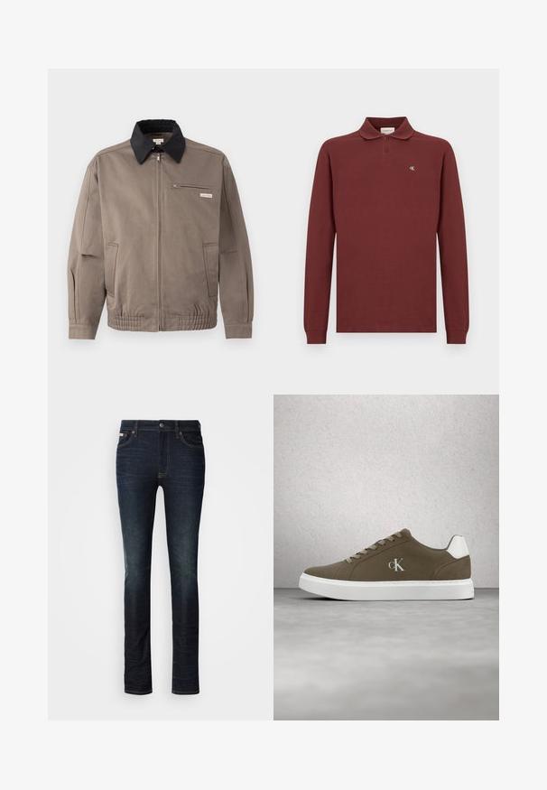 Graue Jacke mit schwarzem Kragen, Reißverschluss vorne und Brusttasche. Merkmale sind elastische Bündchen und Gummizug am Saum, aus strapazierfähigem Material.; Bordeauxrot langärmliges Poloshirt aus Baumwolle, mit klassischem Kragen, Drei-Knopf-Leiste und kleinem gesticktem Logo auf der Brust.; Dunkelblaue Slim-Fit-Jeans mit Knopf- und Reißverschluss, Fünf-Taschen-Design und subtilen Ausbleichungen an Oberschenkeln und Knien.; Brauner Calvin Klein Sneaker mit weißer Sohle und Schnürsenkeln, präsentiert vor einer Wand aus Glasbausteinen und einem Betonboden.