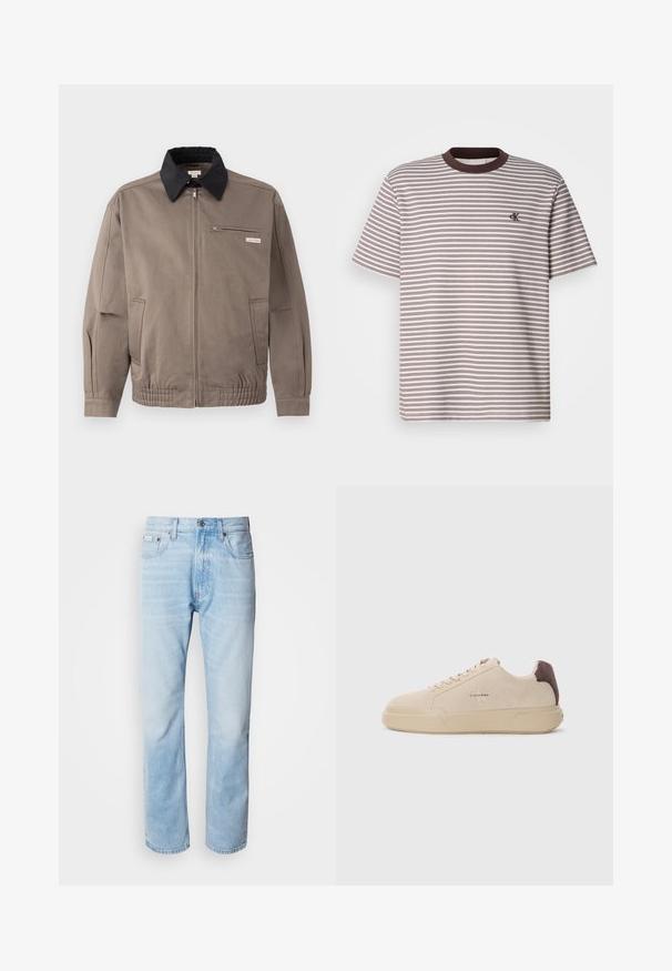 Grå jakke med sort krave, front lynlås og brystlomme. Har elastiske manchetter og linning, lavet af slidstærkt stof.; Stripet kortærmet t-shirt med brune og cremefarvede vandrette striber, rund halsudskæring med brune detaljer og lille broderet logo på brystet.; Lyseblå denimjeans med lige ben, har slidte sektioner, fem lomme-design og en klassisk knapåbning.; Beige ruskind sneakers med rund tå, snørret foran og en brun ruskindsdetalje på hælen. Har en tekstureret gummisål.